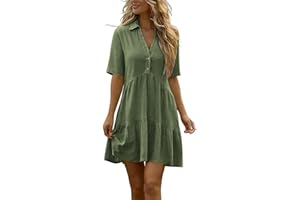 Frostluinai Womens Cotton Linen Dresses Summer Casual Loose Fit Sundress V Neck Button Down Short Sleeve Mini Dress