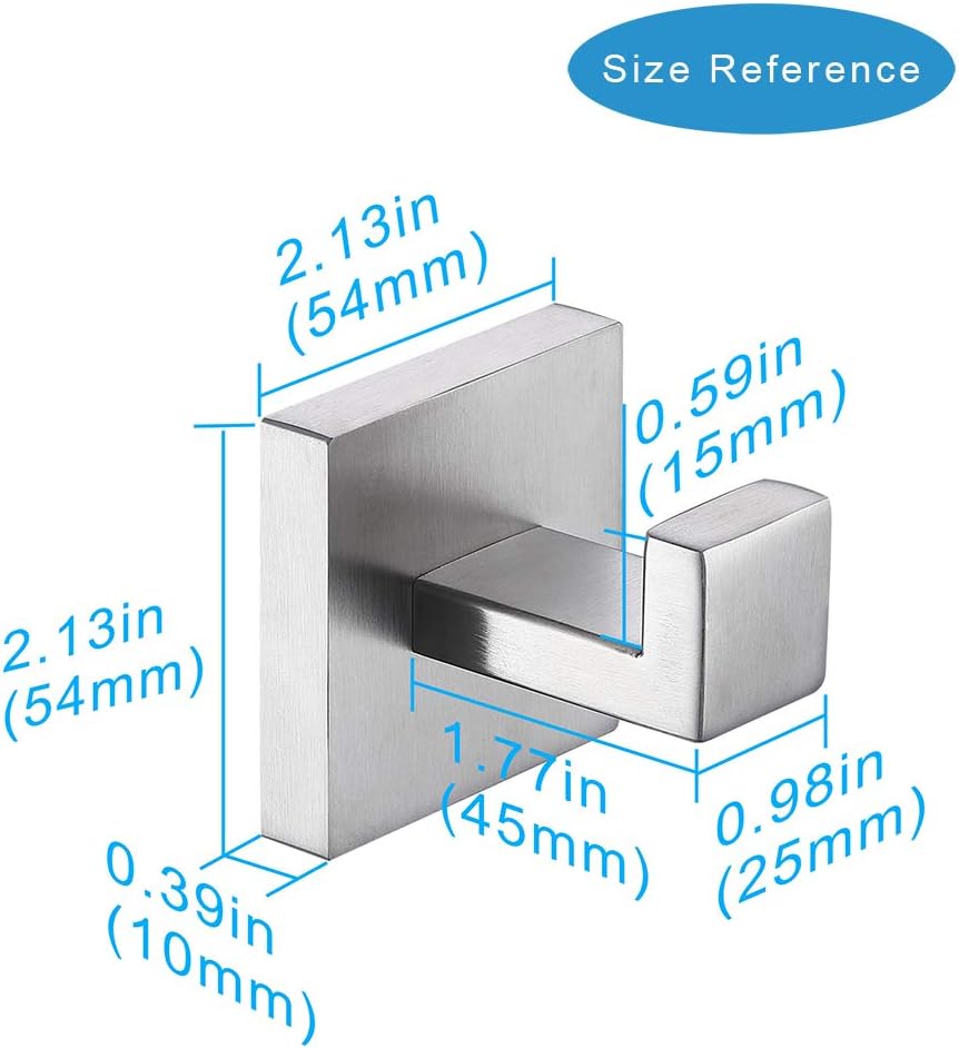 TASTOS Bath Towel Hooks Brushed Nickel, 2 Pack Stainless Steel Robe Coat and Clothes Hook, Heavy Duty Wall Hook for Bathroom & Kitchen, Modern Square Style Wall Mounted (Silver) - - 