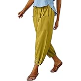 WROLEM Womens High Waist Pants Drawstring Wide Leg Cropped Casual Loose Capris with Pockets for Women
