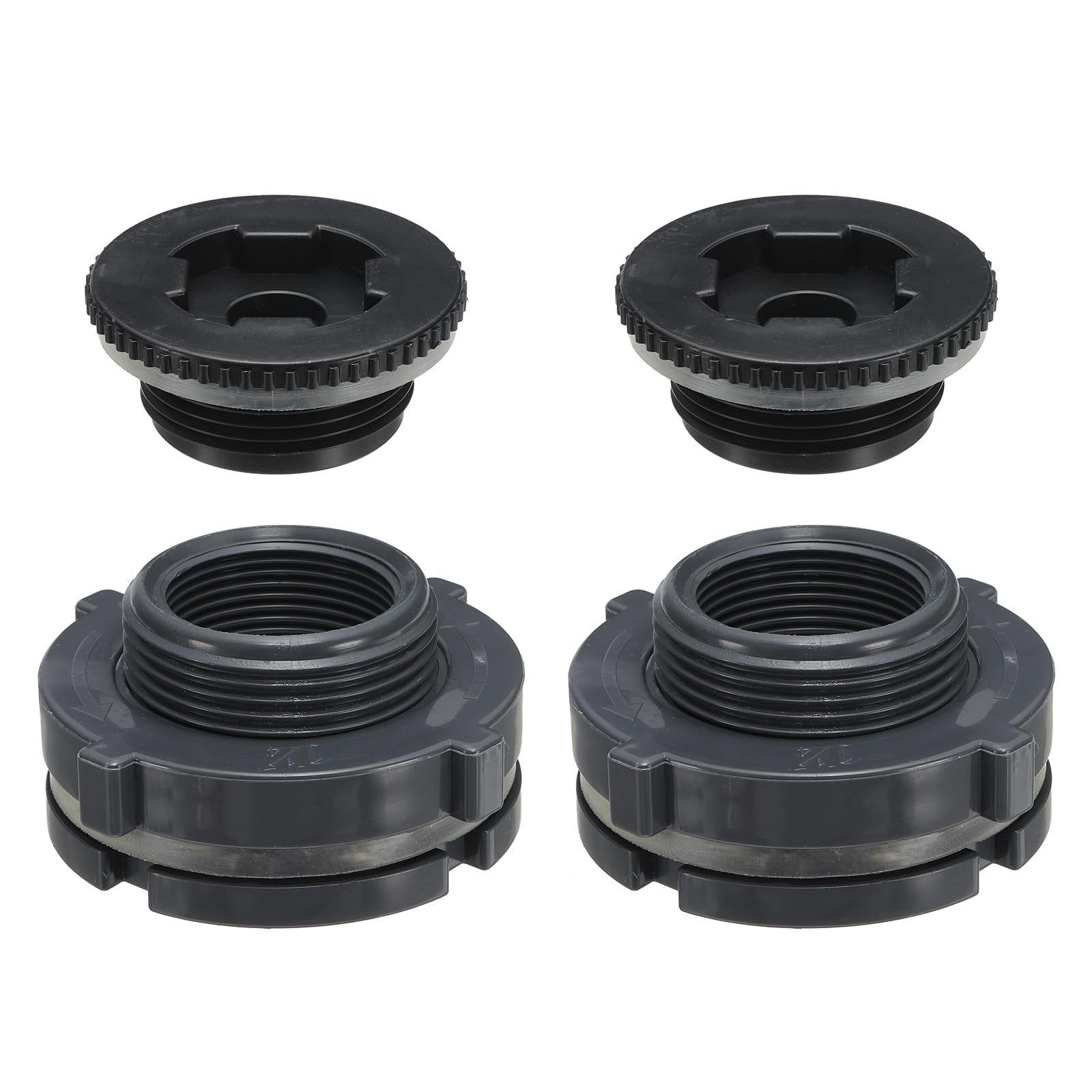 PATIKIL PVC Bulkhead Fitting with Plug G 1-1/4, 2 Pcs Double Threaded Bulkhead Water Tank Connector with Seal Gasket for Rain Bucket, Sinks, Aquariums, Grey