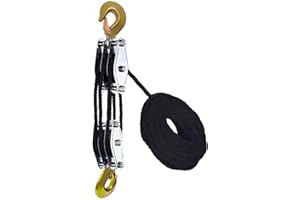 WHSSFINE Wheel Block and Tackle System 2200LB Breaking Strength 50 Feet 3/8" Rope Hoist Pulley 6:1 Ratio Lifting Power for Lifting Heavy Objects (3 Pulley-Black)