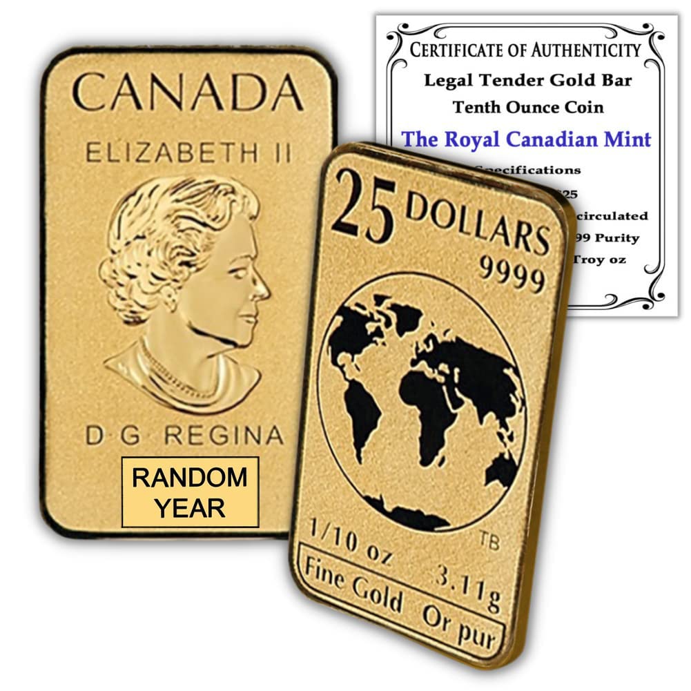 2016 - Present (Random Year) 1/10 oz Gold Bar Coin by the Royal Canadian Mint Brilliant Uncirculated with Certificate of Authenticity 24K $25 Seller BU