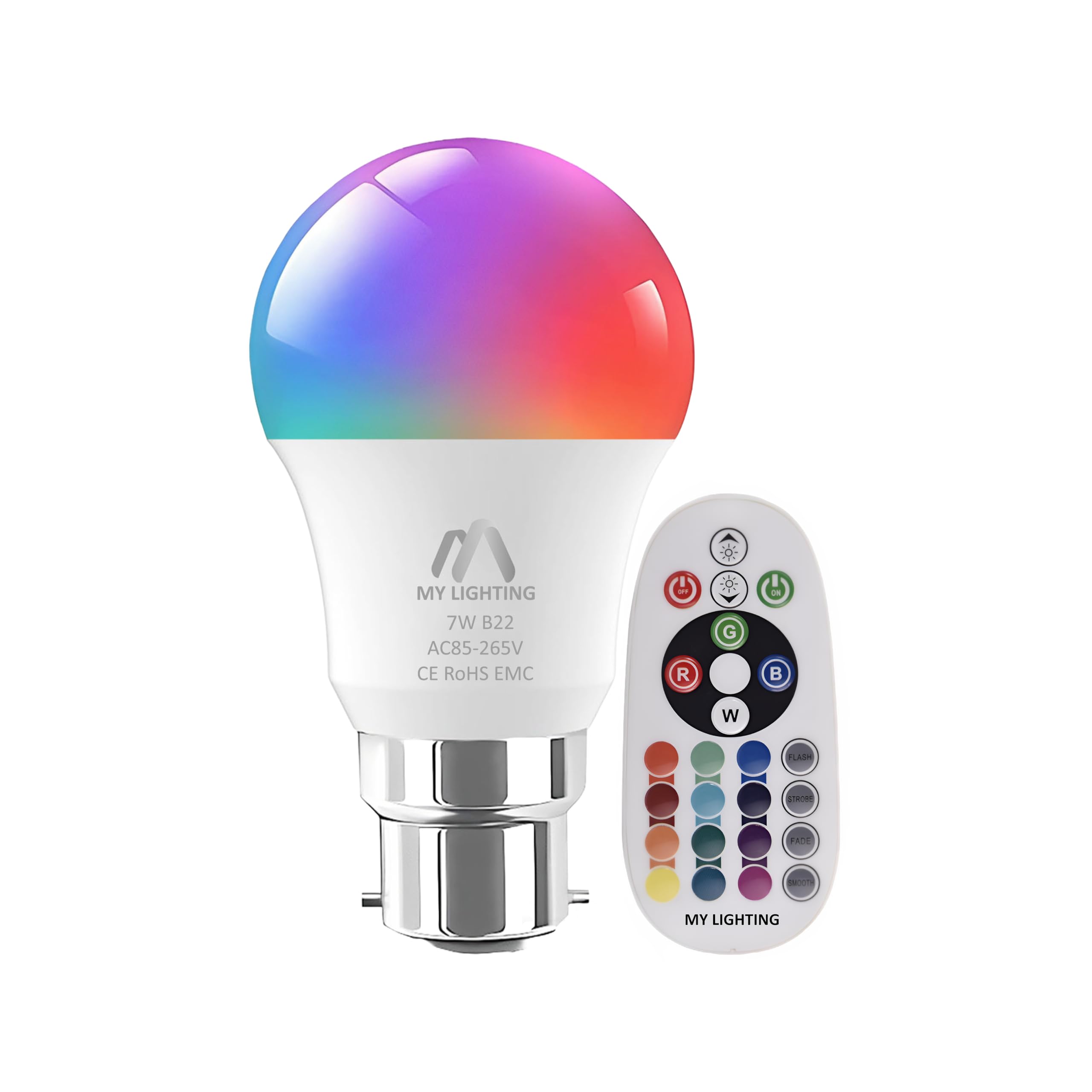 My Lighting 7W B22 LED Bulb | Color Changing RGB + Warm White | Dimmable Bayonet Cap with Remote Control | 16 Million Colors, 806 Lumens | Energy Efficient Mood Lighting for Home Décor (1 Pack)