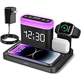ANJANK Wireless Charging Station,5 in 1 Multiple Charger Stand with Alarm Clock,7 Night Light,Mag-Safe Charging Dock for iPhone 17 16 15 14 13 12 Pro Max Plus,Apple Watch 11/10/9/8,for Airpods,Bedroom