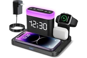 ANJANK Wireless Charging Station,5 in 1 Multiple Charger Stand with Alarm Clock,7 Night Light,Mag-Safe Charging Dock for iPhone 17 16 15 14 13 12 Pro Max Plus,Apple Watch 11/10/9/8,for Airpods,Bedroom