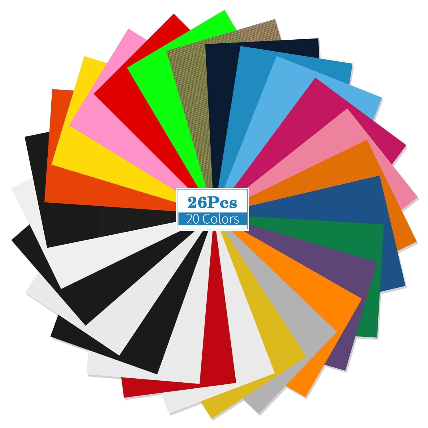 Pack of 25 Plotter Film, Textile Heat Transfer Vinyl, Vinyl Film, Textile Films, Heat Transfer Paper, 20 Colours for DIY T-Shirt, Clothing, Hats or Other Fabrics