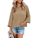 Tankaneo Womens 3/4 Batwing Sleeve Tops Casual Loose Fit Crewneck Shirts Fall Flowy Trendy Tees Blouse