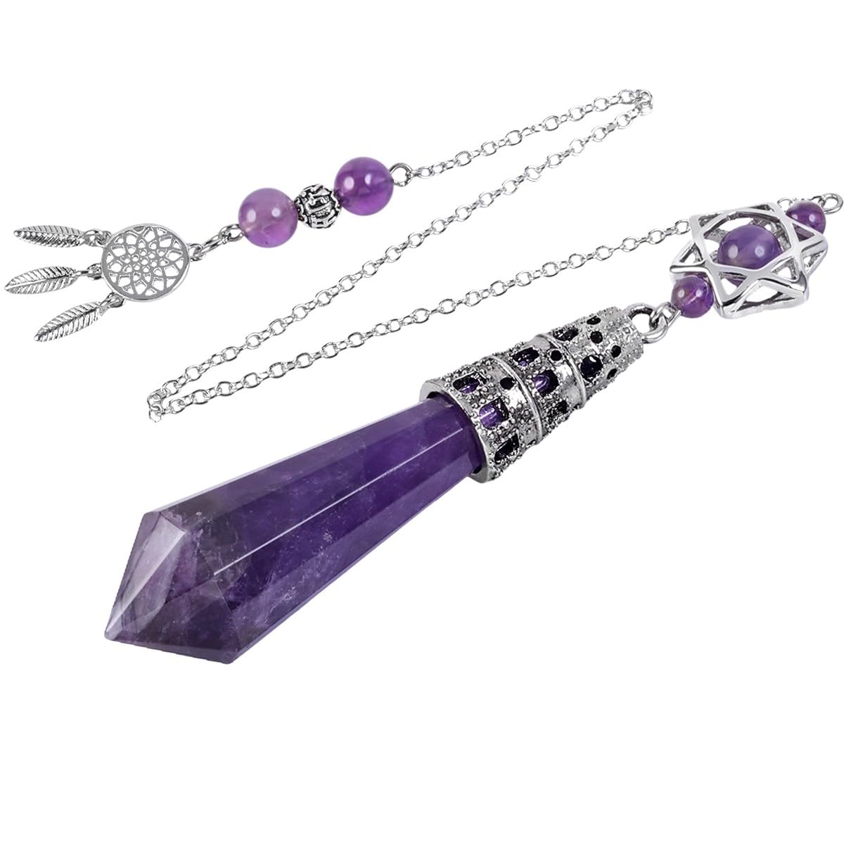 mookaitedecor Natural Amethyst Crystal Divination Dowsing Pendulum Faceted Purple Crystal Point Pendulum with Merkaba Star Dream Catcher Reiki Healing Crystal Witchcraft Wiccan Supplies Decor Gift