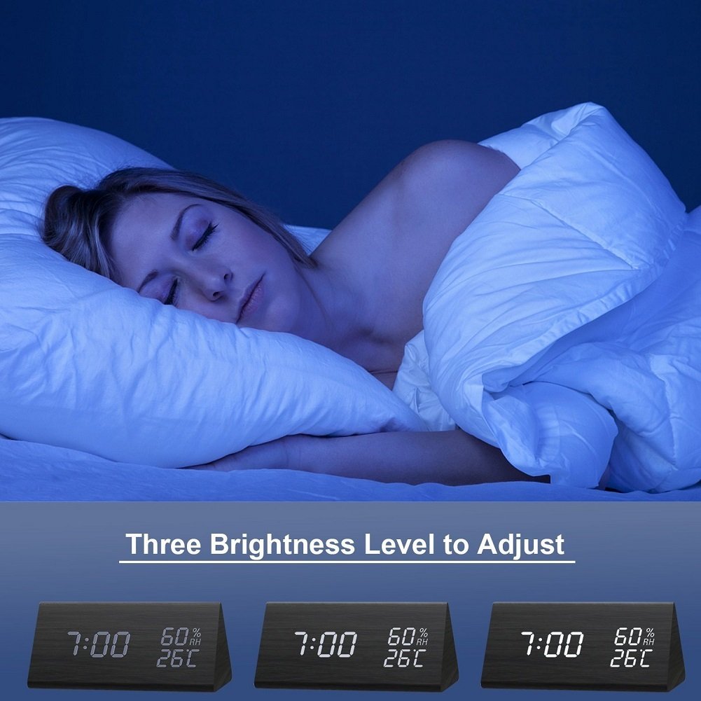 Digital Alarm Clock by 2013newestseller,Wood Alarm Clock, Dual Time (12/24) Mode, Three Alarm Sets, Date LED Display, 3 Levels Brightness, Temperature and Humidity Wood Grain Clock for Bedrooms