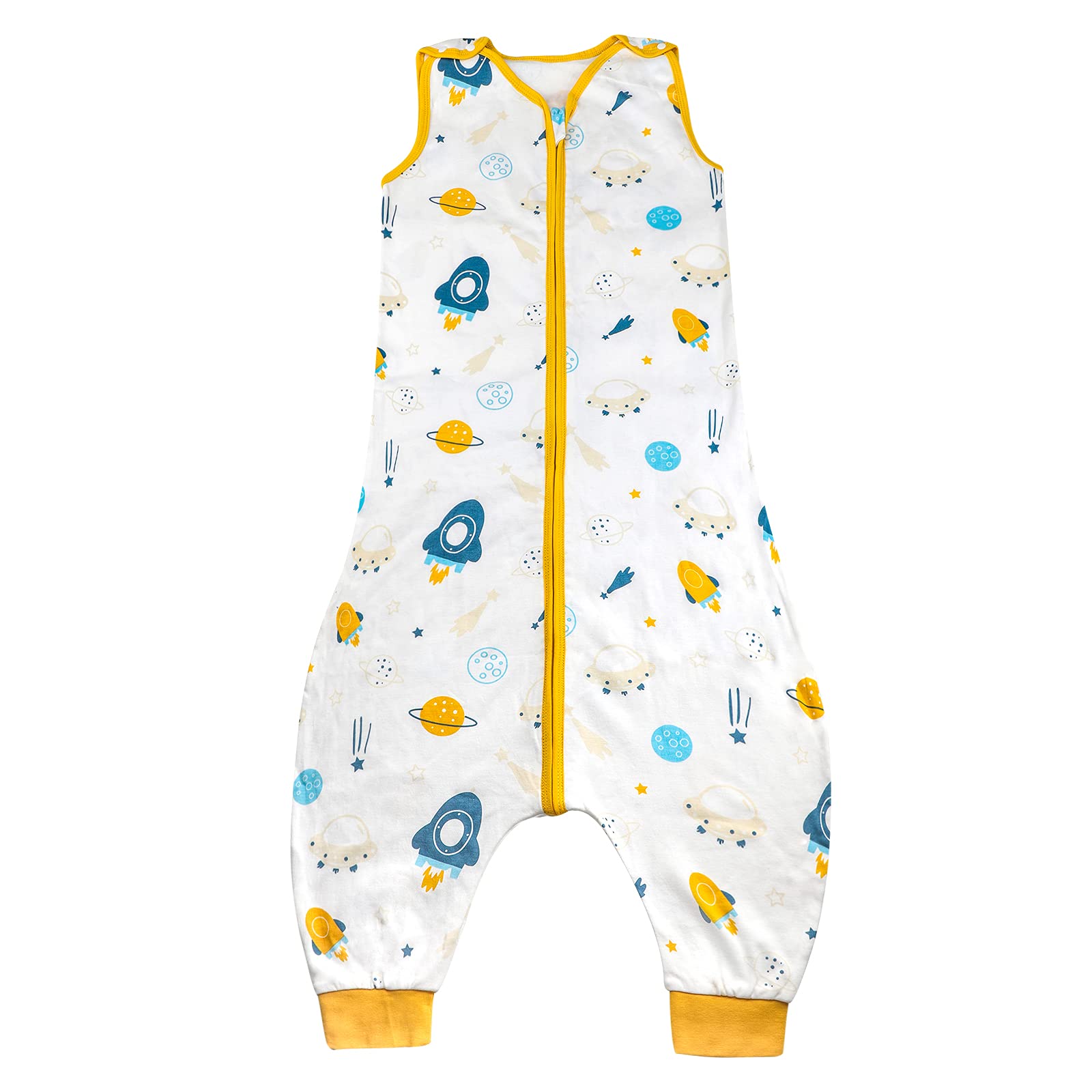 FLYISH DIRECT Sleeping Bag With Feet, 0.5 Tog Baby Sleepsack, Toddler Sleeping Bag With Legs, 100% Cotton Summer Sleepsack, Sleeveless (M, 18-36 Months, Yellow Spaceship)