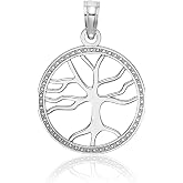IceCarats 14K White Gold Tree of Life Circle Pendant Necklace | Polished, Textured, Solid, Small, 18.9mm 3/4 inch
