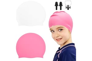 Swimming Cap for Kids, 2 Pack Silicone Waterproof Swim Hat, Unisex High Elasticity Non-Slip, for Age 6-10 Children, with Ear 