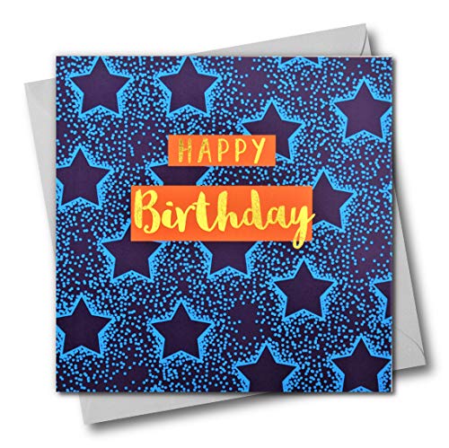 Claire Giles Greeting Cards, Happy Birthday Card, Blue Stars Design Greeting Card, Text Foiled in Shiny Gold