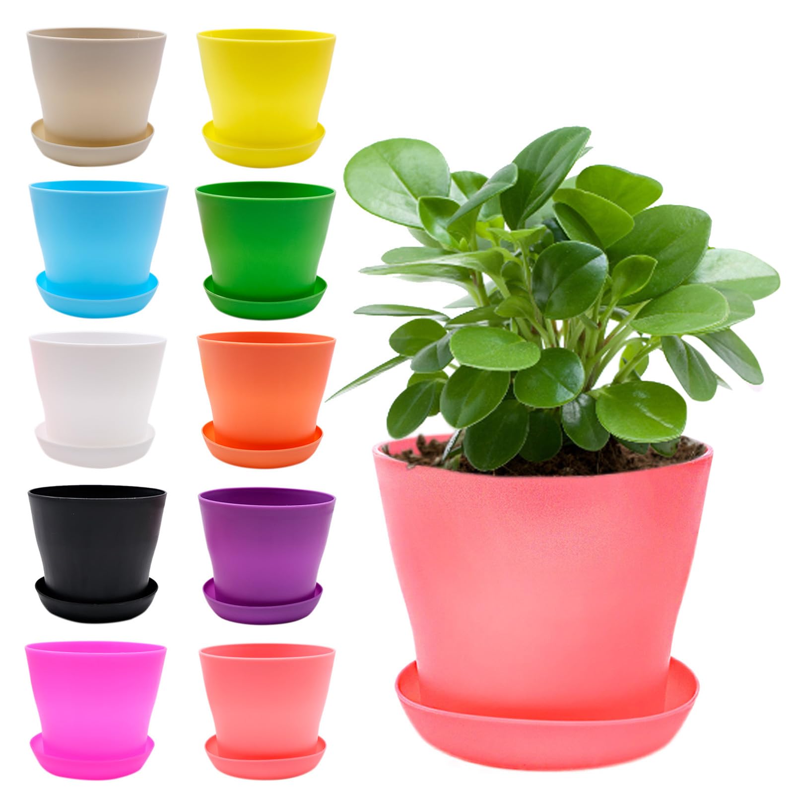 inheming 10Pcs 4" Small Plant Pots and Saucers Colorful Plastic Flower Pots Indoor,Mini Flower Seedling Nursery Pots with Pallet/Trays for Office House Desk,10 Colors