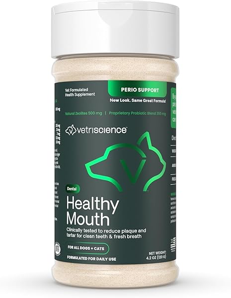 VETRISCIENCE HEALTHY MOUTH DOG DENTAL POWDER, PERIO SUPPORT CLINICALLY TESTED DENTAL POWDER FOR DOGS AND CATS, FRESHEN BREATH, CONTROL PLAQUE & TARTAR, ORAL HEALTH, 4.2 OZ