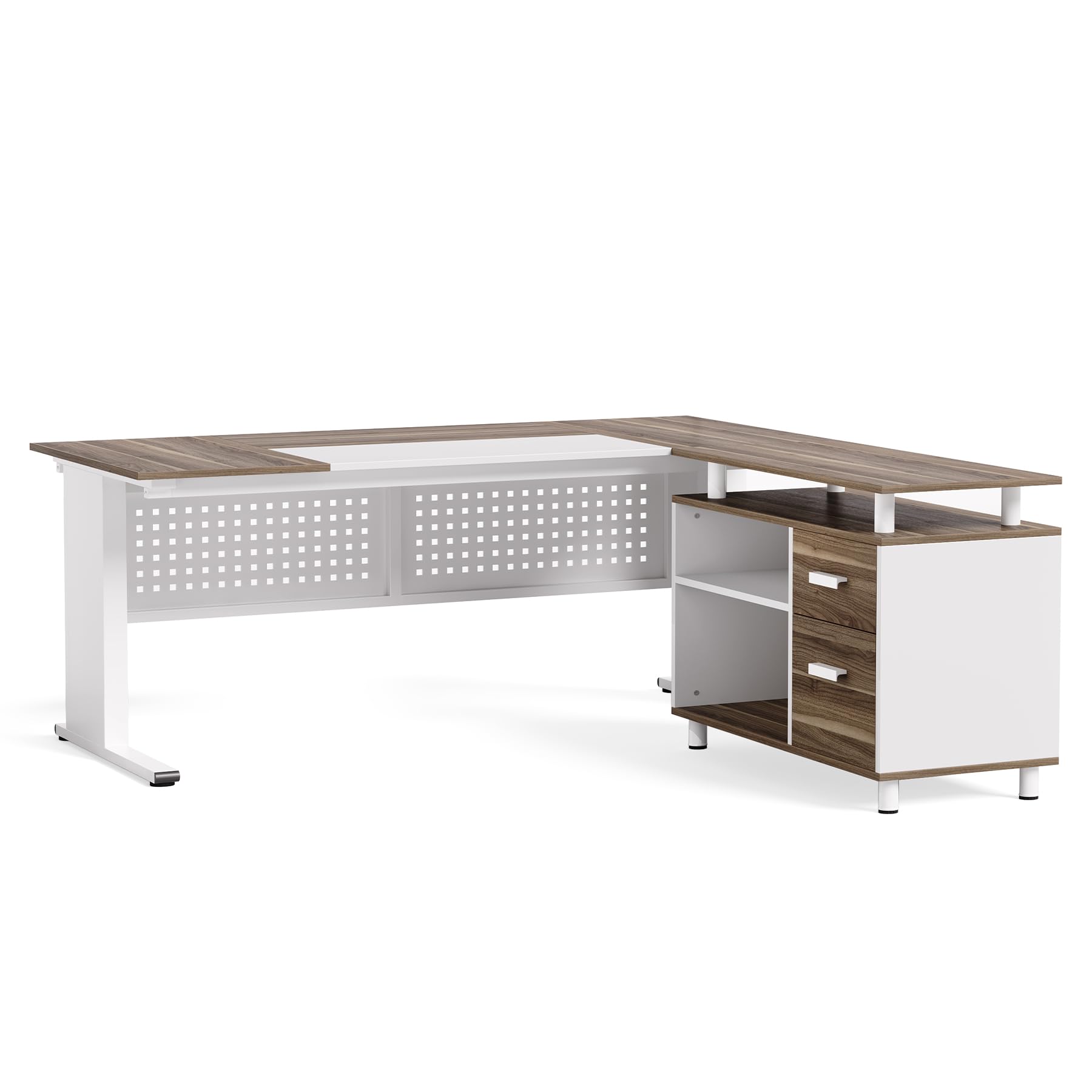 Photo 1 of **2 BOXES**LITTLE TREE Large Computer Desk with File Cabinet, 63 Inch Executive Desk L Shaped Office Desk with Drawers and Storage Shelves, Business Furniture Desk Workstation for Home Office