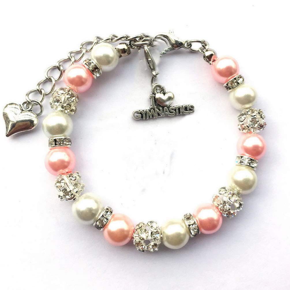 DOLON 8mm Glass Pearls Beaded Gymnastics Charm Bracelet Sports Team Spirit Gymnast Jewelry for Girls Gift