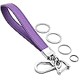 INFIPAR Car Fob Key Chain Genuine Leather Wristlet Strap Keychains Holder for Men and Women, 360 Degree Rotatable, with Anti-lost D-Ring, Carabiner Clip and 4pcs Key Rings, Purple