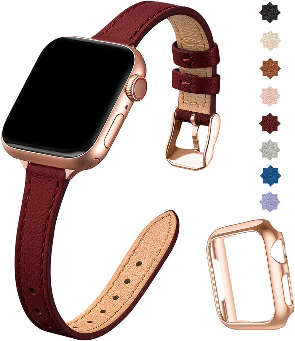 SUNFWR Compatible with Apple Watch Strap 38mm 40mm 41mm,Genuine Leather Strap Replacement,Slim&Thin Wristband for iwatch Series 7/6/5/4/3/2/1,SE(38mm 40mm 41mm,Wine red&Rosegold)