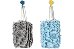 HFLYJPYW 2 Pack Chenille Hand Towel Ball Soft Absorbent Microfiber Hanging Hand Towels Plush Quick-Drying Chenille Ball Hand Towels with Hanging Loops for Bathroom Kitchen (Grey+Blue)