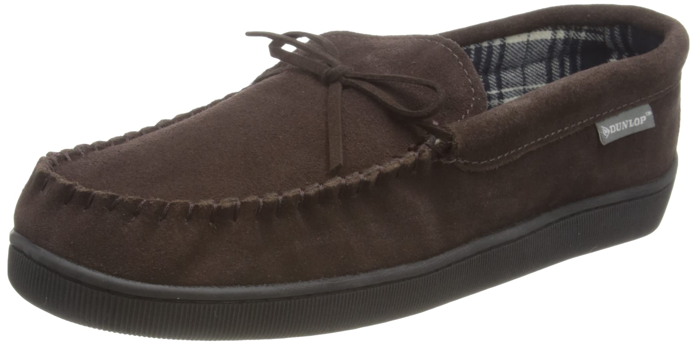 DUNLOP - Mens Real Suede Leather Faux Sheepskin Fur Plush Fleece Lined Moccasin Slippers - Memory Foam - Rubber Sole - House Bedroom Indoor (9 UK, Dark Brown)