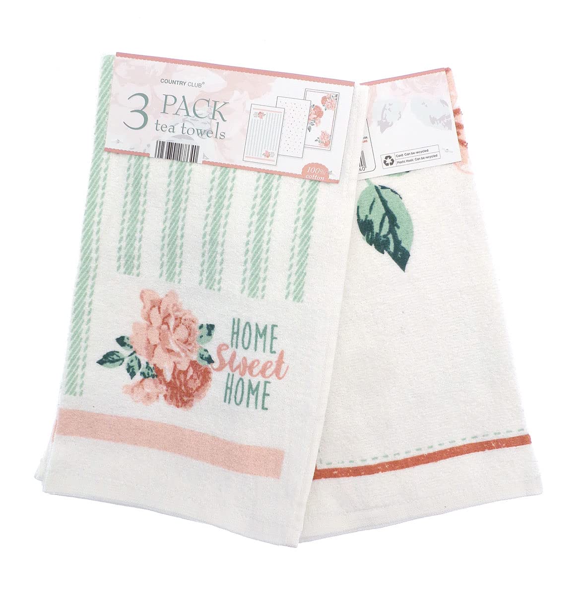 COUNTRY CLUB 100% Cotton Pack of 3 Home Sweet Home Design Velour Kitchen Tea Towels