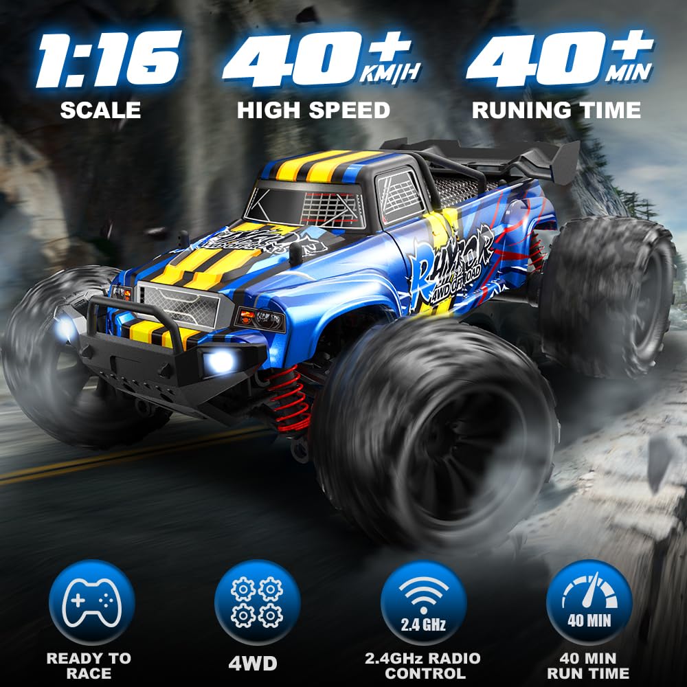 Rhybor Ferngesteuertes Auto 40KM/H 1:16 RC Auto, 4WD Crawler Monstertruck für Erwachsene und Kinder 8+, RC Buggy mit Präzisionssteuerung, Ideal für Rennen und Offroad-Abenteuer 2