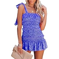 renacnatta Blue Flower〈straight short〉 chouyatou Women's Summer Floral Spaghetti Strap Square Neck
