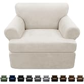 Pfrstuv 2-Pieces T Cushion Armchair Slipcovers Leather Look Couch Cover Chair Covers Stretch Furniture Protector Sofa Cover with 1 Individual T Cushion Seat Cover Slipcover Sets Washable, Beige