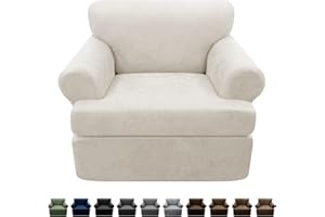 Pfrstuv 2-Pieces T Cushion Armchair Slipcovers Leather Look Couch Cover Chair Covers Stretch Furniture Protector Sofa Cover with 1 Individual T Cushion Seat Cover Slipcover Sets Washable, Beige