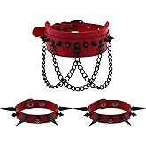 FM FM42 Multicolor PU Simulated Leather Black-tone Spikes Rivets Chain Collar Choker Necklace and Bracelet Set