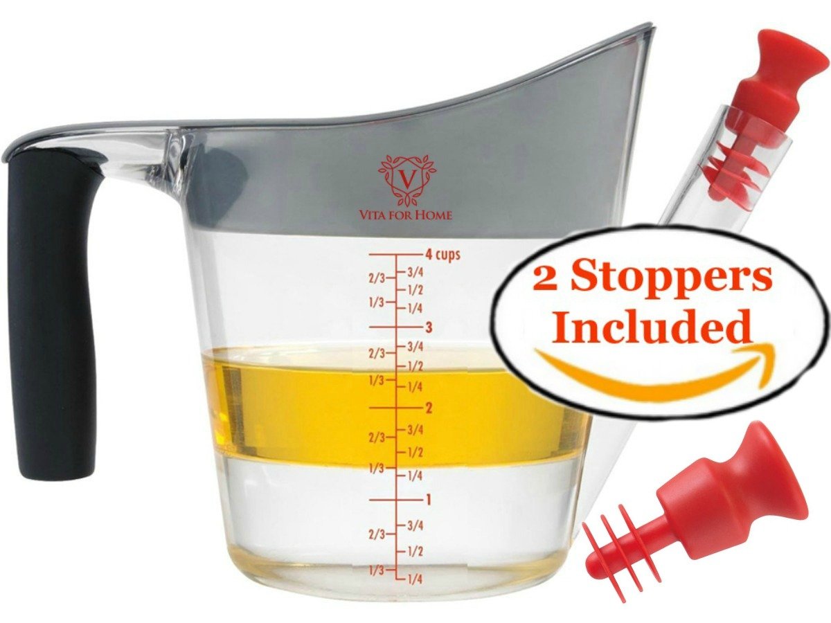 Gravy Separator & Fat Separator Cup. IN STOCK NOW!! With Strainer and 2 Stoppers. Large 4 Cup Capacity. Better Than Glass for Grease and Oil - Slip Resistant Handle.