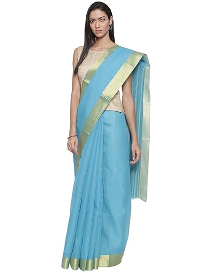 Cotton Blend Saree - Caribbean Sea Blue - (CCMYSC8373)
