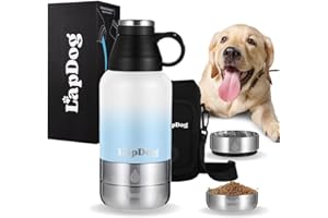 Lapdog Portable Dog Water Bottle & Food Bowls, All-in-One Accessories for Walking, Hiking, Beach- Double Walled, Insulated, Stainless Steel Water Dispenser (White/Powder Blue, With Black Neoprene Bag)