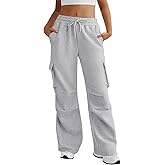 DLOODA Wide Leg Cargo Sweatpants Women Drawstring High Waisted Baggy Sweat Pants Stretchy Cotton Pants with Pockets