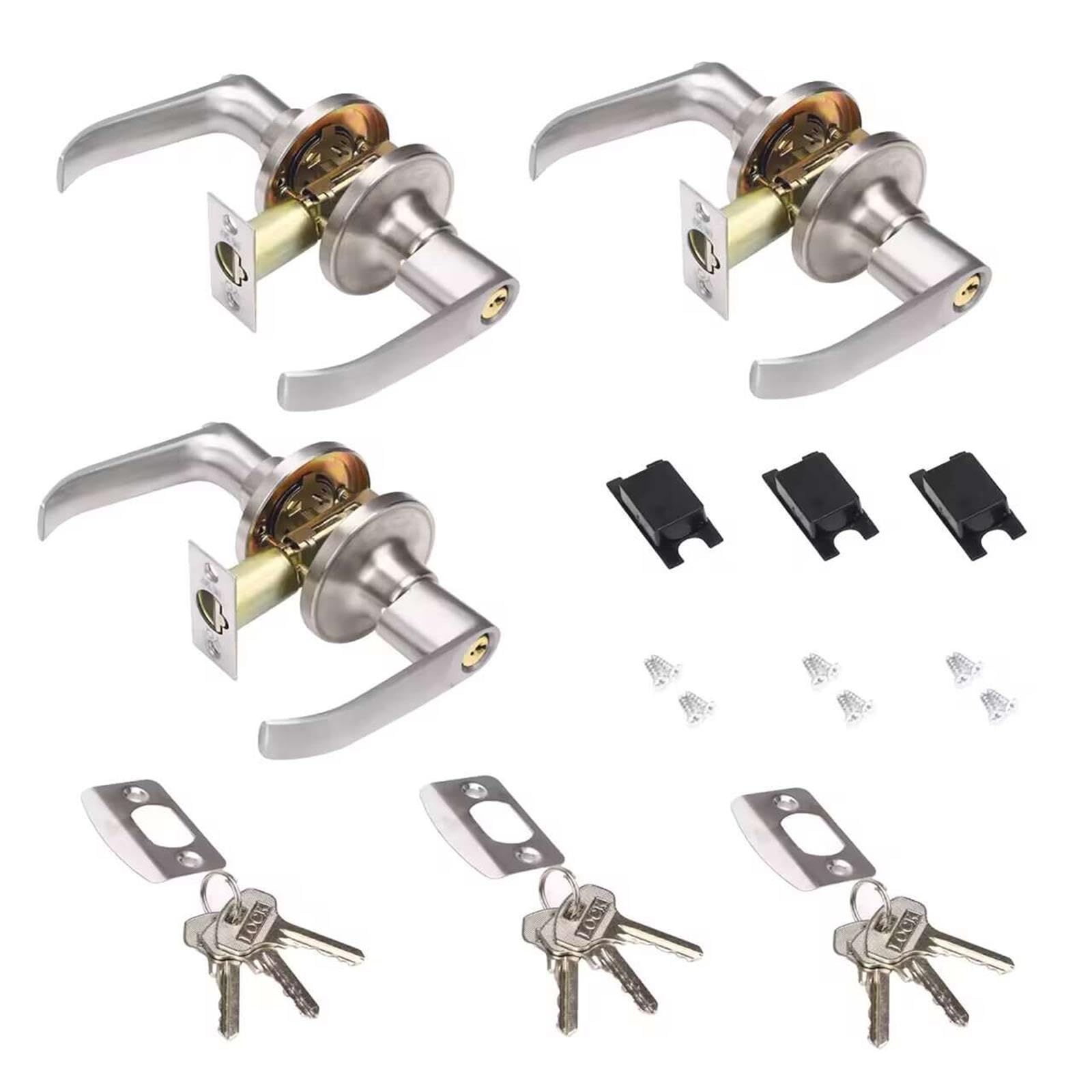 ALNKDH 3Pcs Door Handles Set - Bedroom Door Handle with Lock,Aluminium Alloy Door Handle,Contemporary Design for Internal Wooden Doors150×120mm(Silver-3Pcs, 30-50mm)