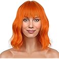 LANICE Short Bob Wigs with Bangs for Women Loose Wavy Hair Shoulder Length Orange Wigs Synthetic Colorful Wigs for Cosplay Daily PartyUse(Orange,12inch)