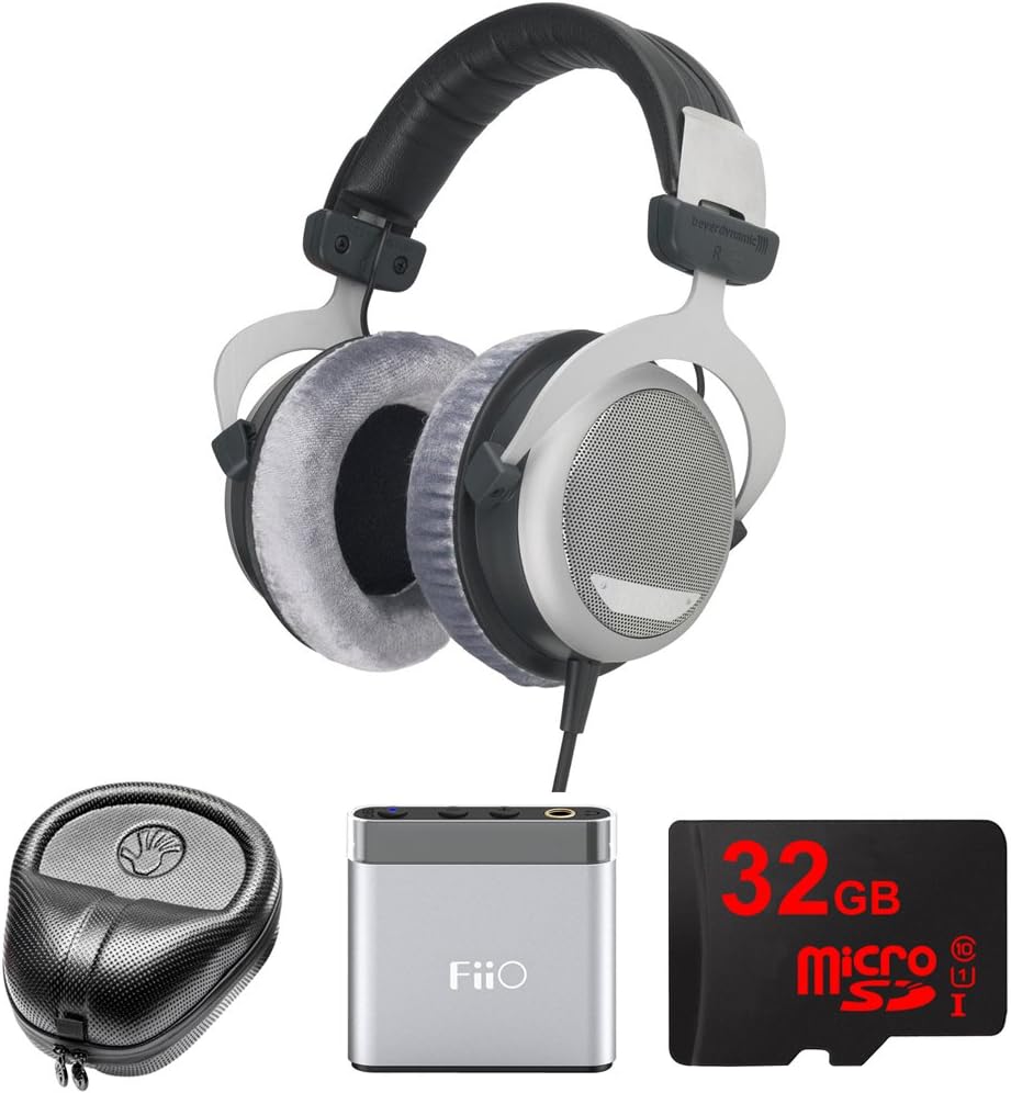 beyerdynamic DT 880 Premium Headphones 600 OHM (491322) with Slappa HardBody Headphone Case, FiiO A1 Port. Headphone Amplifier & 32GB MicroSD High-Speed Memory Card