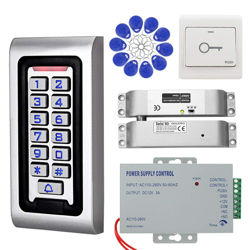 KDL RFID Access Control System Kit - Waterproof Controller Keypad with DC 12V Electric Lock, Exit Release for Single Wooden/Glass Door Outdoor Use