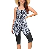 ECUPPER Women Plus Size Tankini Swimsuits Two Piece Swim Dress Modest Skirted Bathing Suit Flowy Swim Top with Capris Shorts