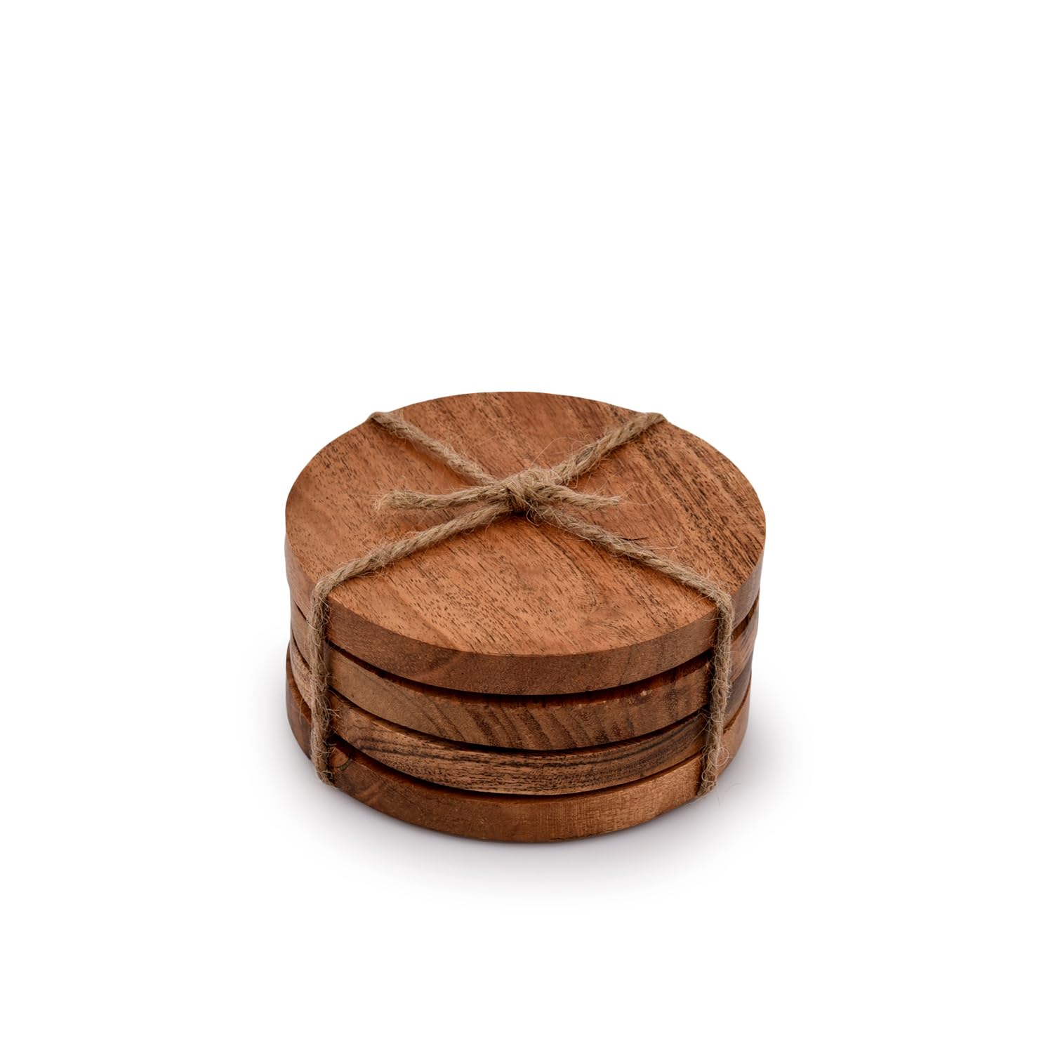 Samhita Acacia Wood Round Coasters Protection Tabletop,Countertop and Surfaces from Water Marks or Damage | Home & Office Decor | Housewarming Gift (Set of 4) (10.16cm x 10.16cm x 1.27cm)