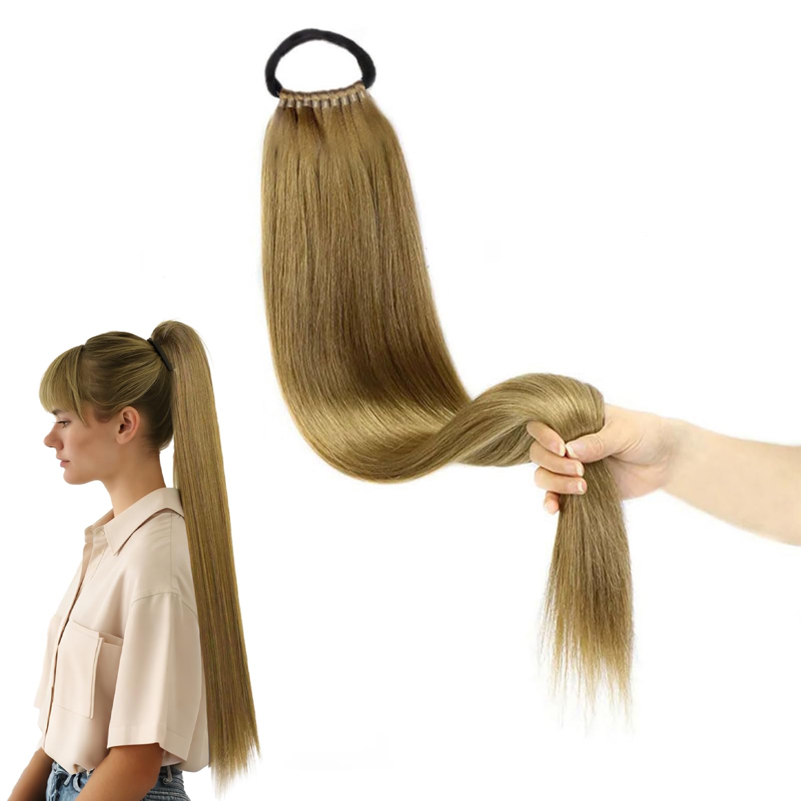 Traziewell Light Brown Hair Extensions Long Straight Ponytail Hair Extension Natural Soft Synthetic Hairpieces for Women, 0429