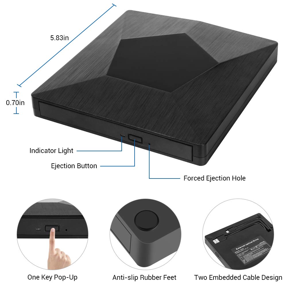 External CD DVD Drive, USB 3.0 Type-C Dual Port DVD CD R/RM Burner Writer Copier Player Floppy Optical DVD Drive Plug and Play High Speed Data Transfer for Laptop/Macbook/Desktop/MacOS/Win10/8/7
