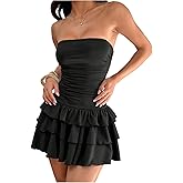 Milumia Women's Y2k Strapless Ruched Tube Top Dress Ruffle Layered A Line Mini Dresses Going Out Black Small