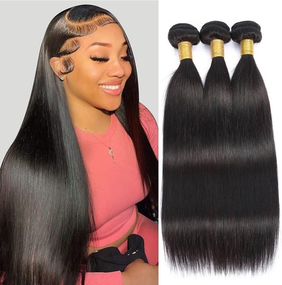 MsSunlight 12A Human Hair Bundles Straight Human Hair Bundles Weave Extensions Unprocessed Virgin Brazilian Hair Bundles Weft 3 Bundles Natural Color (Natural Black, 18 18 18 Inch)