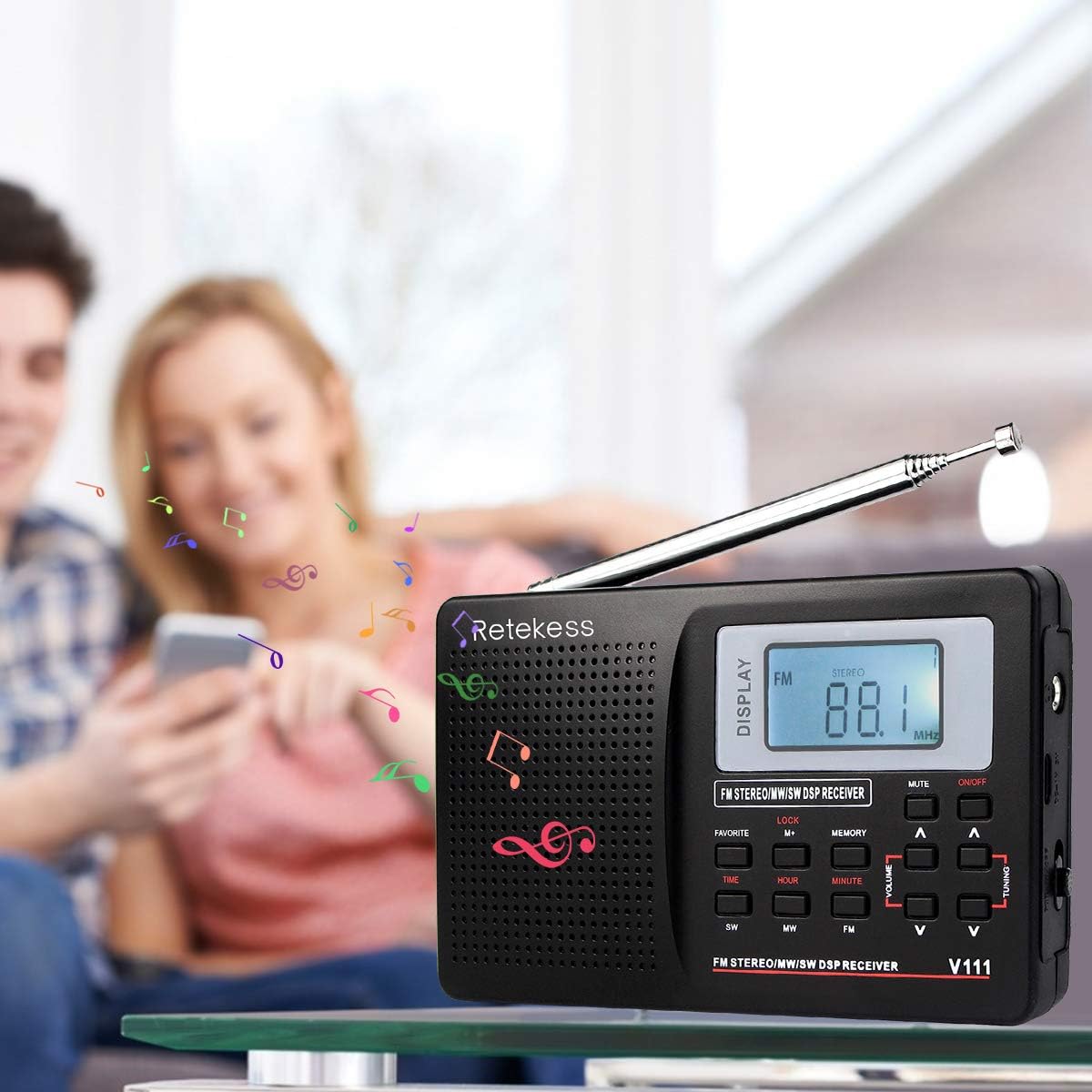 Retekess V111 Portable AM FM Shortwave Radio Alarm Clock Battery Operated AA Battery with Earphones Jack Sleep Timer for Travel(Black): Electronics