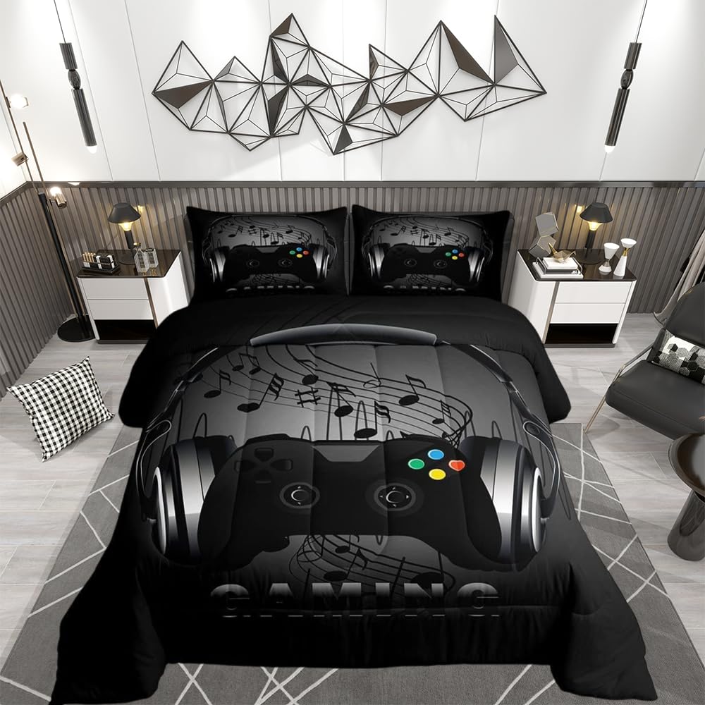 Loussiesd Gaming Duvet Headphones Game Controller Bedding Set Black Grey Video Game Decor Music Melody Duvet Set Gamer Comforter for Boys Teens Single Size 1 Comforter Set with 1 Pillowcase Soft