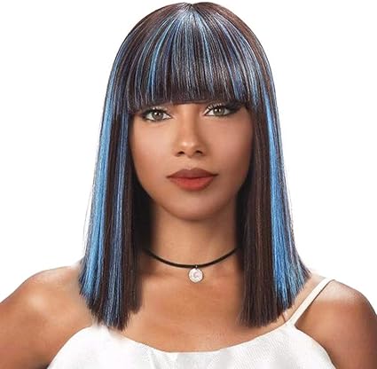 Bob Wigs For Black Women Black Mixed Blue Hair Wig With Bangs