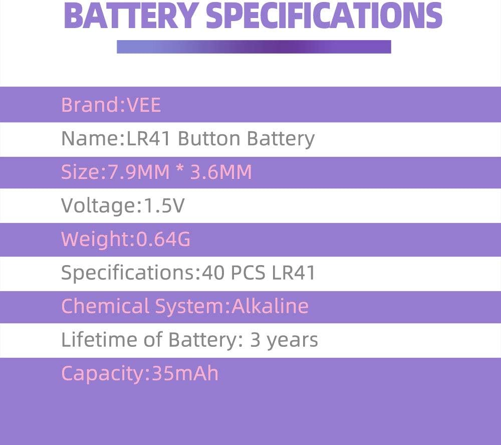 VEE LR41 Battery 384 AG3 392 L736 1.5V Button Battery 40 Pack: Home Audio & Theater