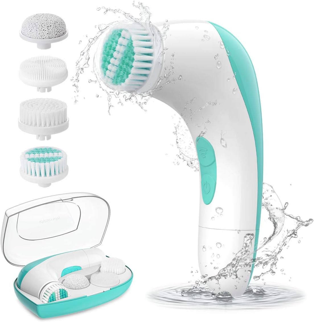 【2019 Upgraded】ETEREAUTY Facial Cleansing Brush, Waterproof Face Brush with 4 Brush Heads and a Protective Travel Case - Deep Cleansing, Gentle Exfoliating, Removing Blackhead for Face and Body, Green